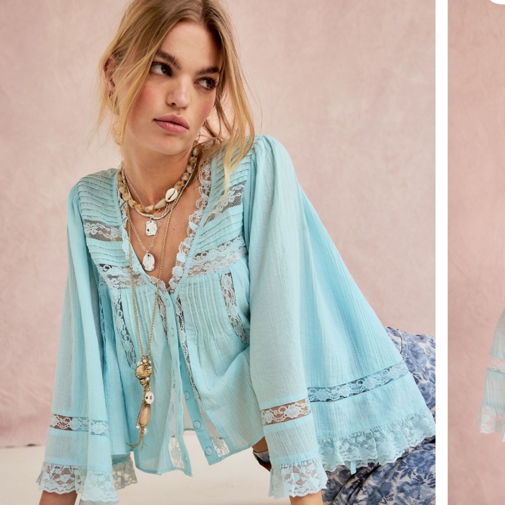 Free People Rosa ruffle top blue glow size small